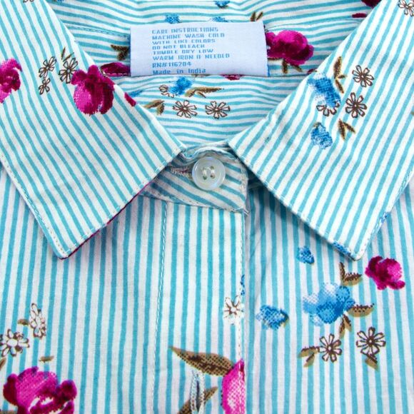 Skyline Collection Women's Cotton Floral & Blue Striped Button Down Blouse, XL - Picture 5 of 5